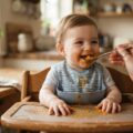 Baby der får fast føde fra ske i højstol som del af introduktion til fast føde