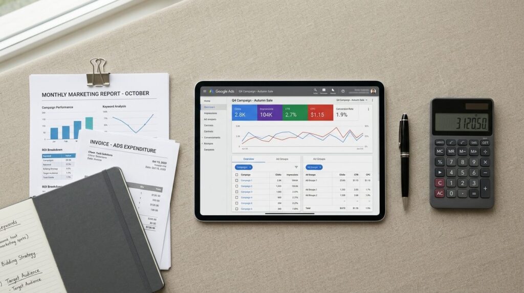 Overhead flat lay photograph of business documents, tablet d