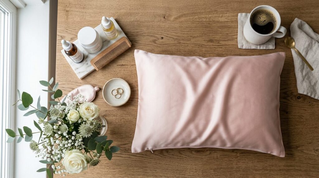 Overhead flat lay composition featuring premium mulberry sil