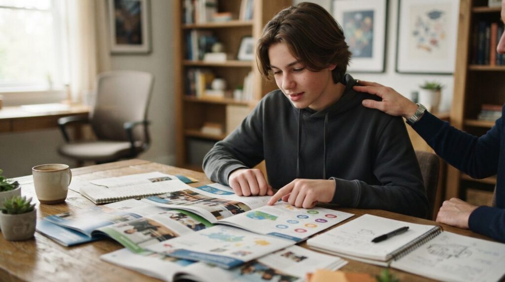 Close-up photorealistic image of a teenage boy looking at ed