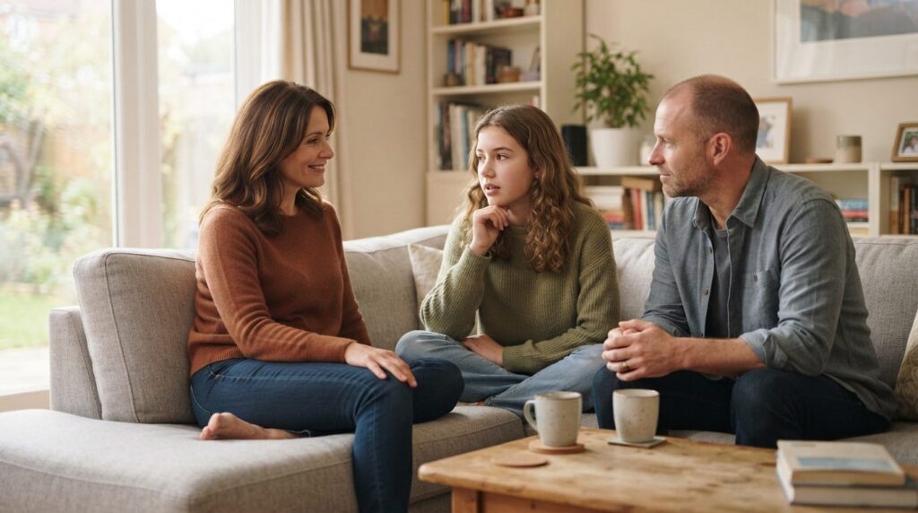 Realistic photograph of a family of three (mother, father, a