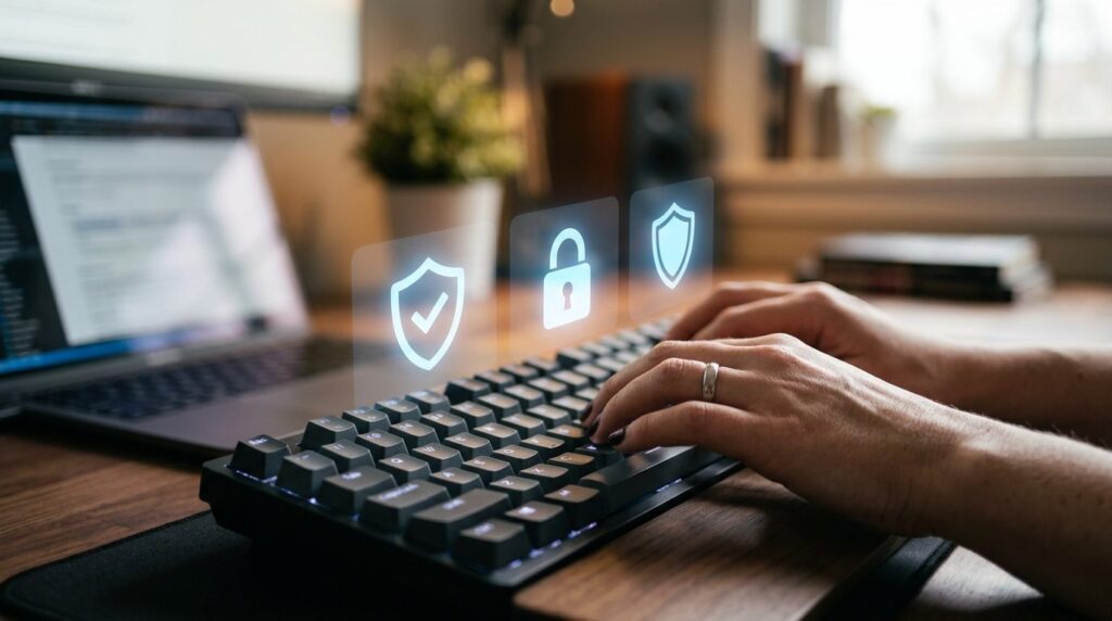 Close-up photorealistic shot of hands typing on keyboard wit