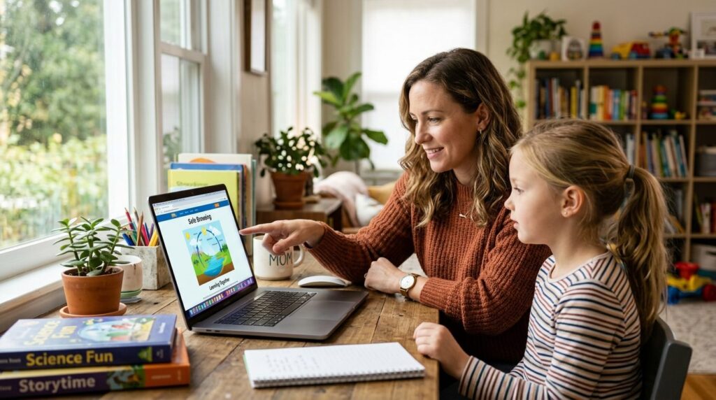 Photorealistic image of parent and child at desk together, a