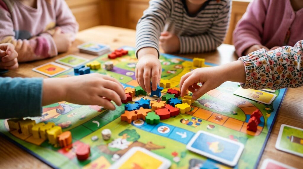 Close-up overhead shot of small childrens hands reaching fo