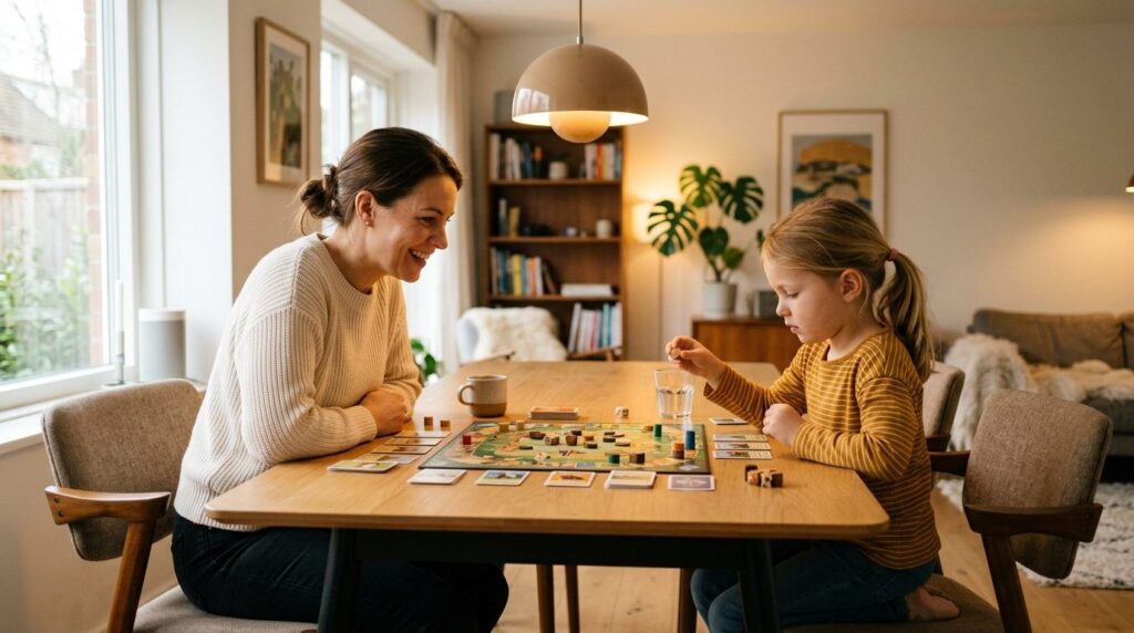 Parent and child sitting face-to-face at a table with a boar