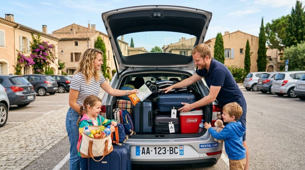Close-up of a young family packing a rental car trunk strate