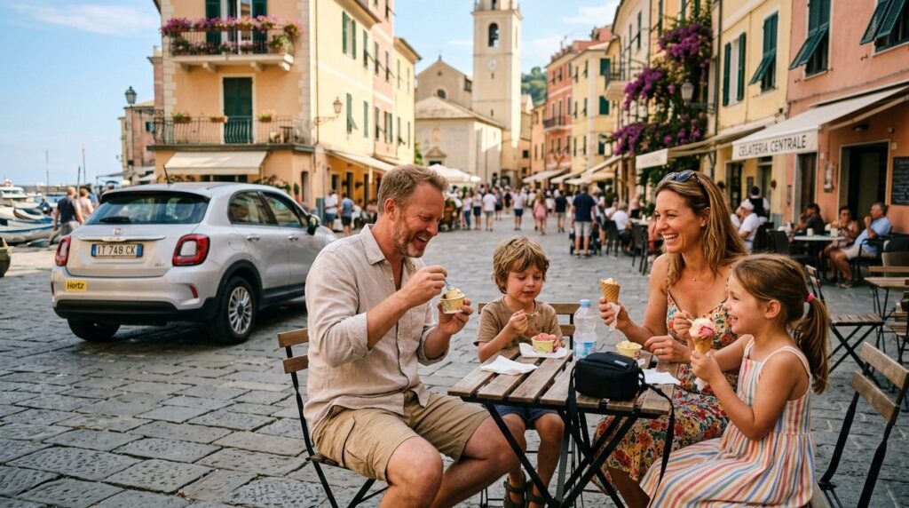 A relaxed family of four eating gelato and having a snack br