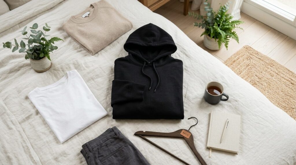 Flat lay overhead view of a black basic hoodie folded neatly