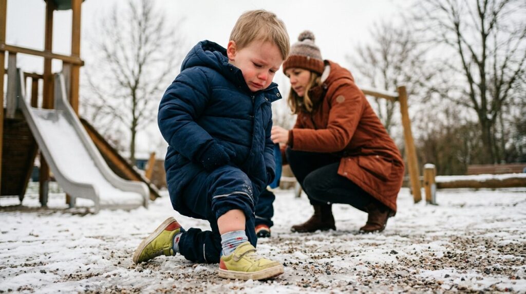 Candid family moment: Young child playing outside on a winte