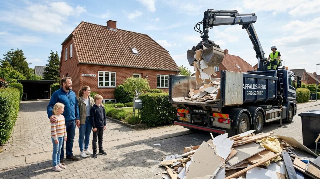 Wide-angle shot of a family standing safely in their drivewa