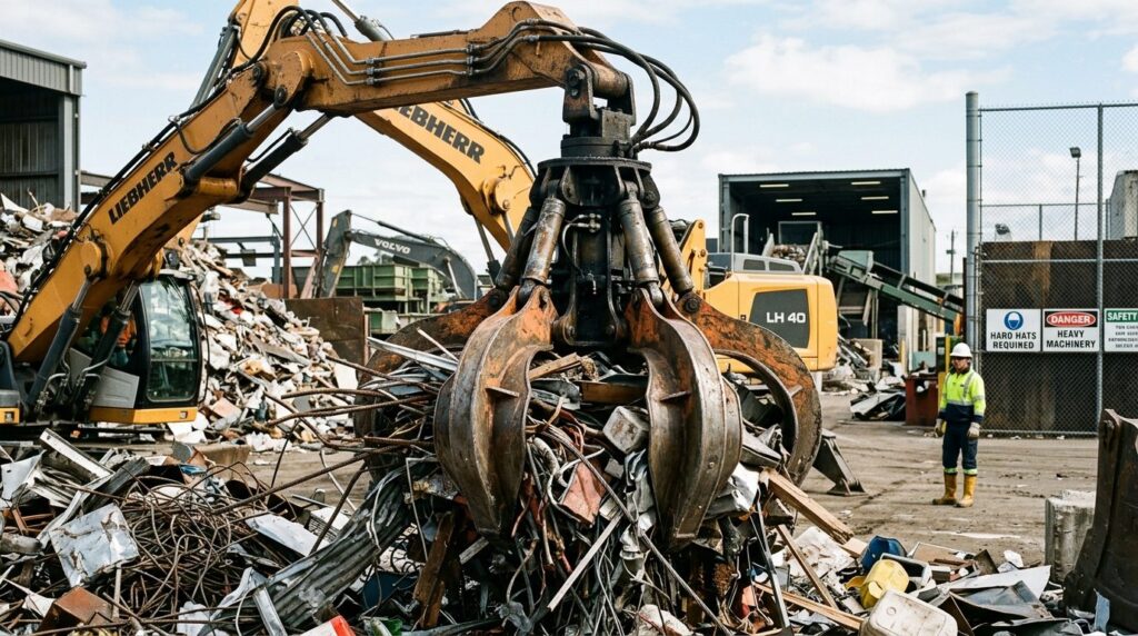 Close-up professional photograph of a hydraulic crane grab a