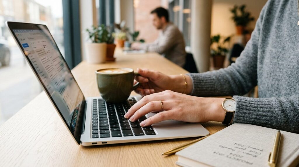 Close-up of female entrepreneurs hands typing on laptop key