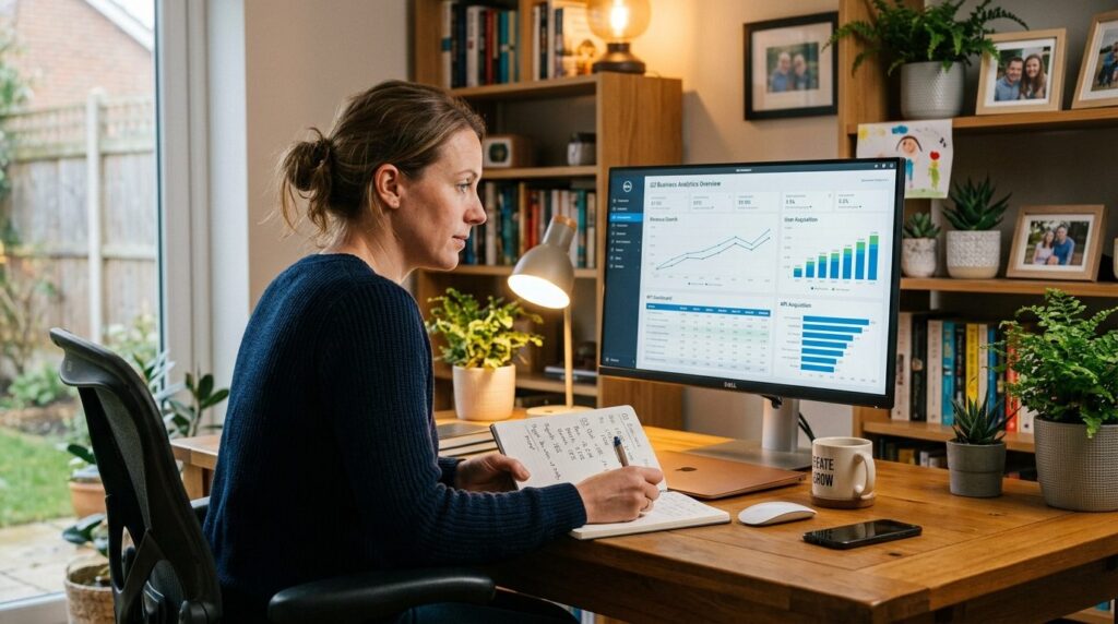 Woman reviewing business analytics and growth charts on comp