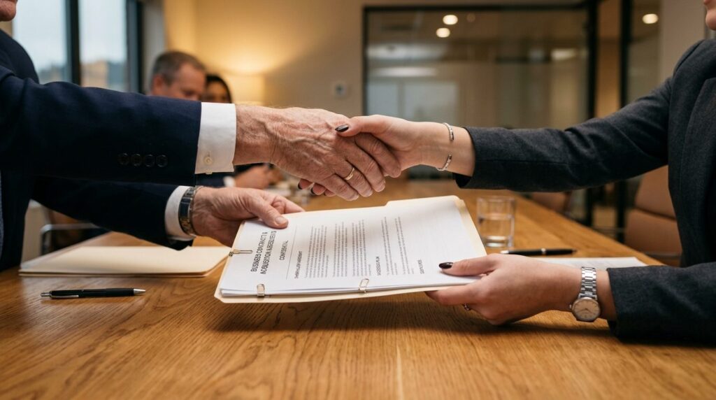 Realistic close-up photograph of hands exchanging a folder w