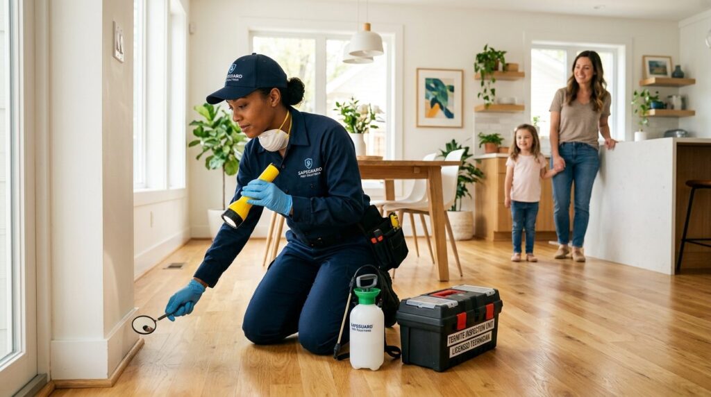 Professional photograph of a uniformed pest control technici