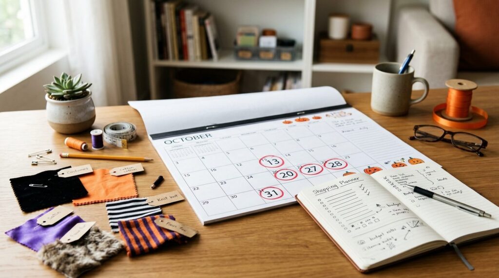 Calendar and shopping planner on a desk with Halloween dates