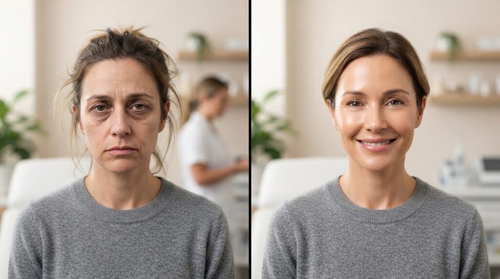Professional stock photo, 16:9 format, photorealistic. Split