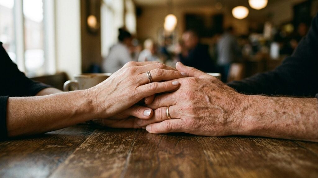 Close-up portrait of two adult hands holding together across