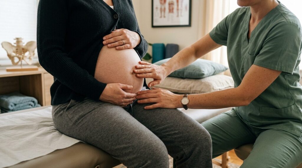 Gravid kvinde mødes med sundhedsperson i klinisk miljø til fødselsforberedelse.