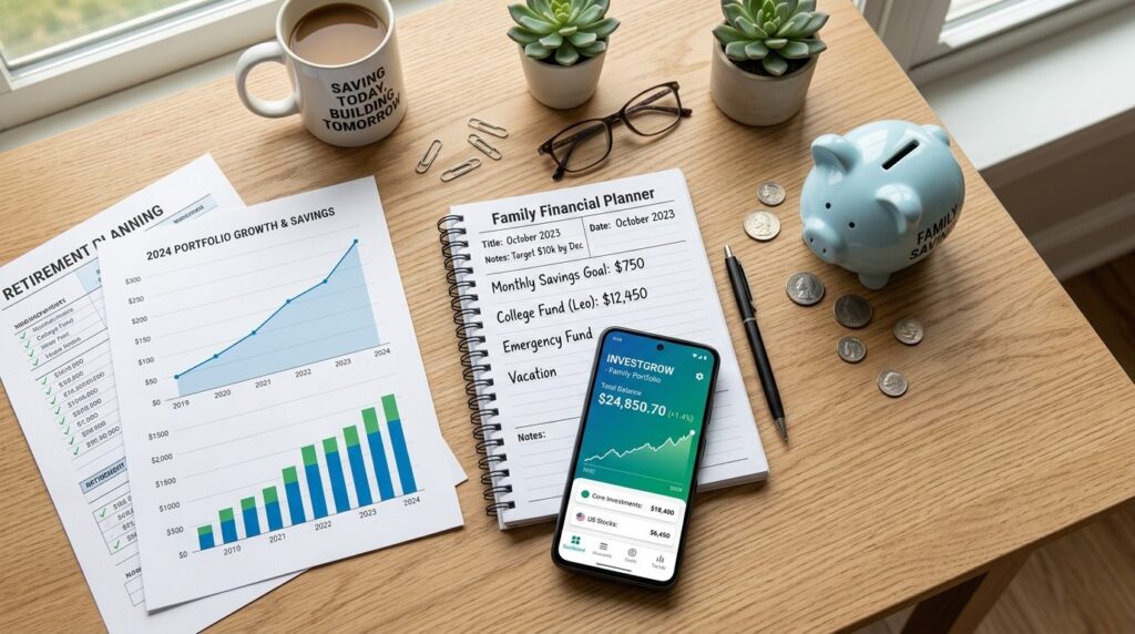 Overhead flat lay composition of financial planning document