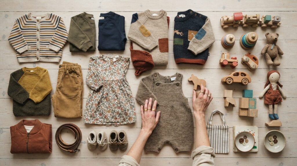 Overhead flat-lay shot of a family budget-conscious shopping