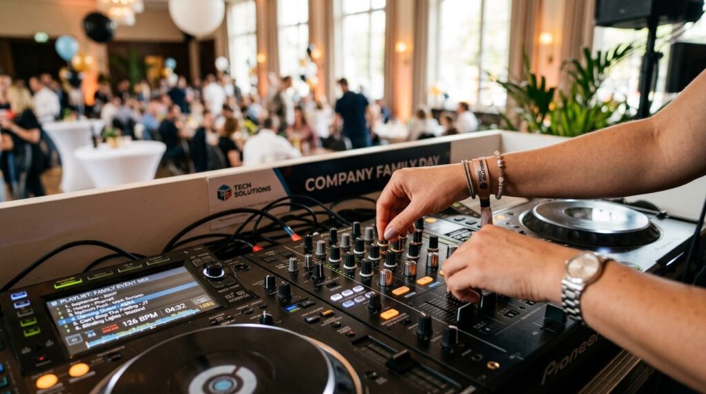 Close-up realistic photo of a professional DJs hands adjust
