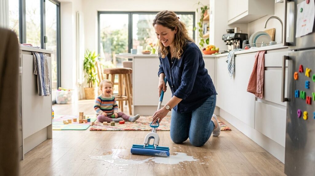 Lifestyle scene of busy parent using compact self-wringing m