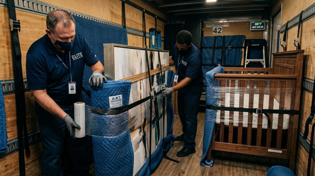 Close-up of professional movers carefully wrapping and secur