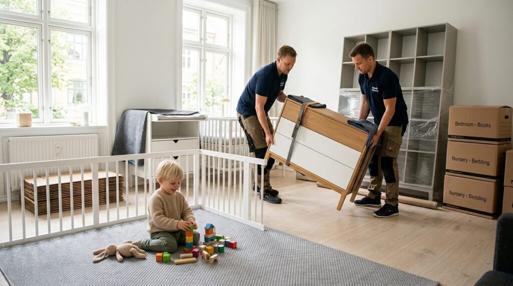 Organized moving scene in a bright, minimalist Scandinavian 