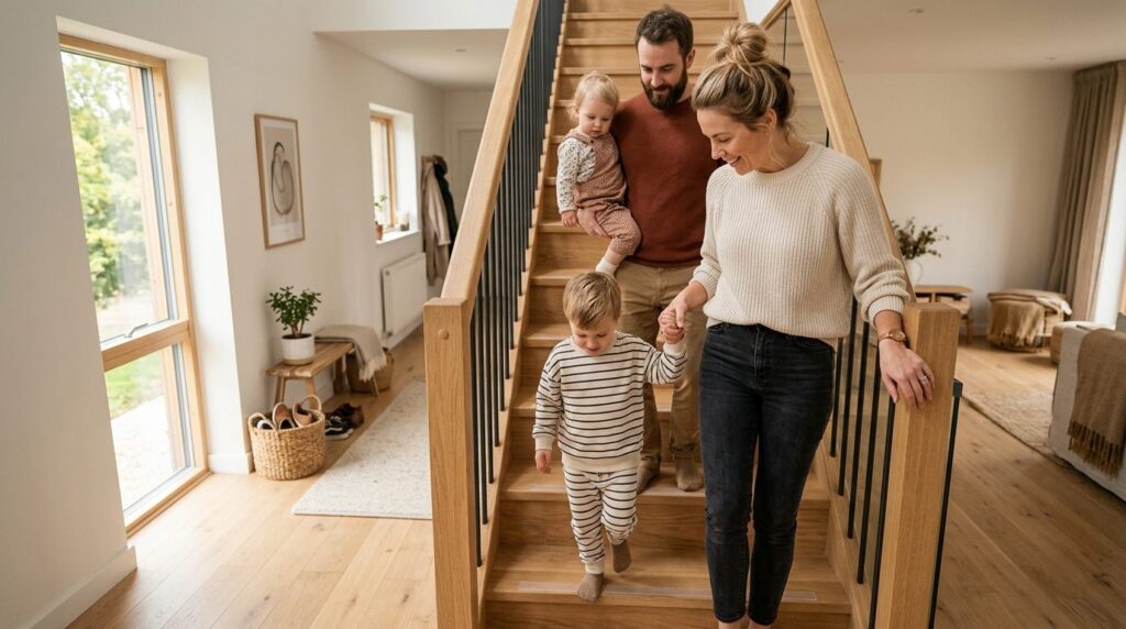 Ung familie med to små børn på en trappe i hjemmet.