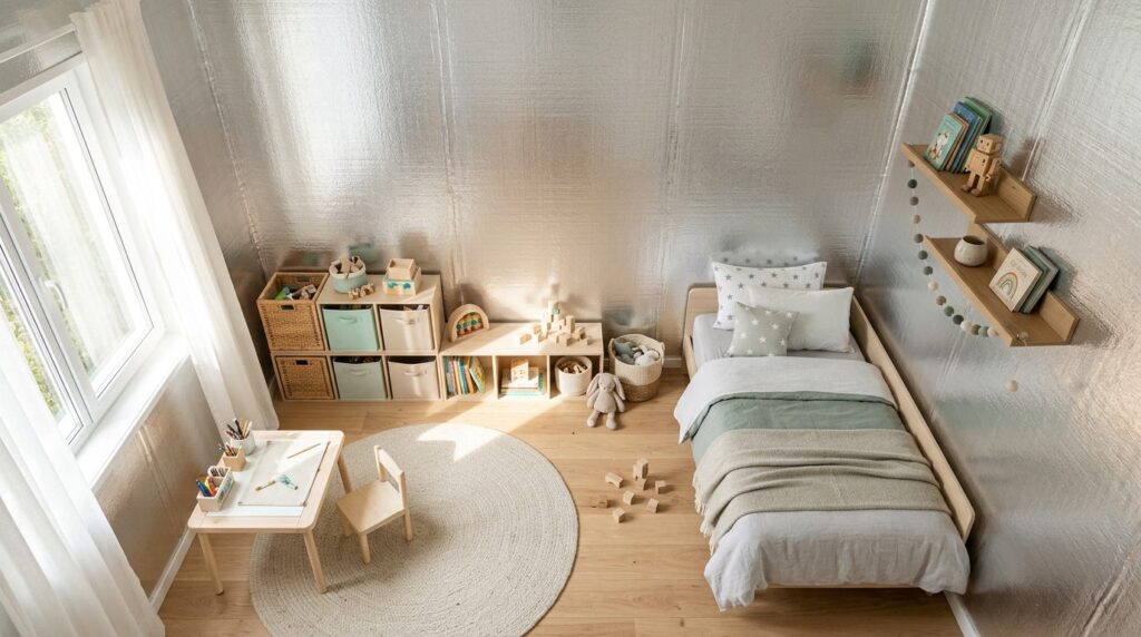 Bright, airy childrens bedroom photographed from above, fea