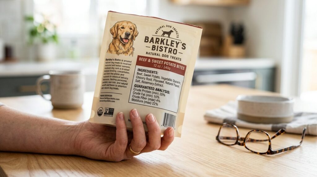 Close-up detail shot of dog treat packaging showing ingredie