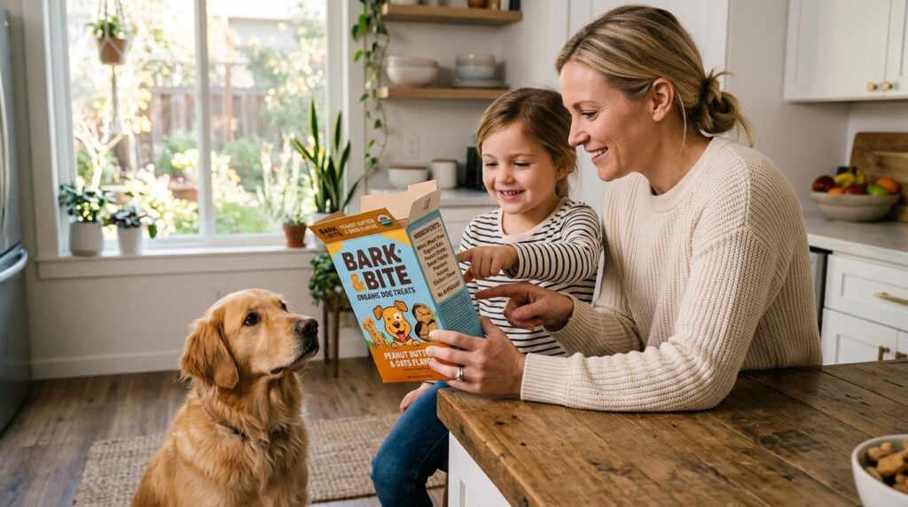 Parent and child in modern kitchen reading dog treat box tog