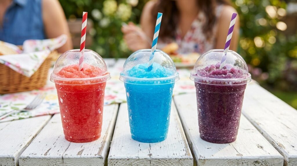 Close-up overhead shot of three cups filled with different f