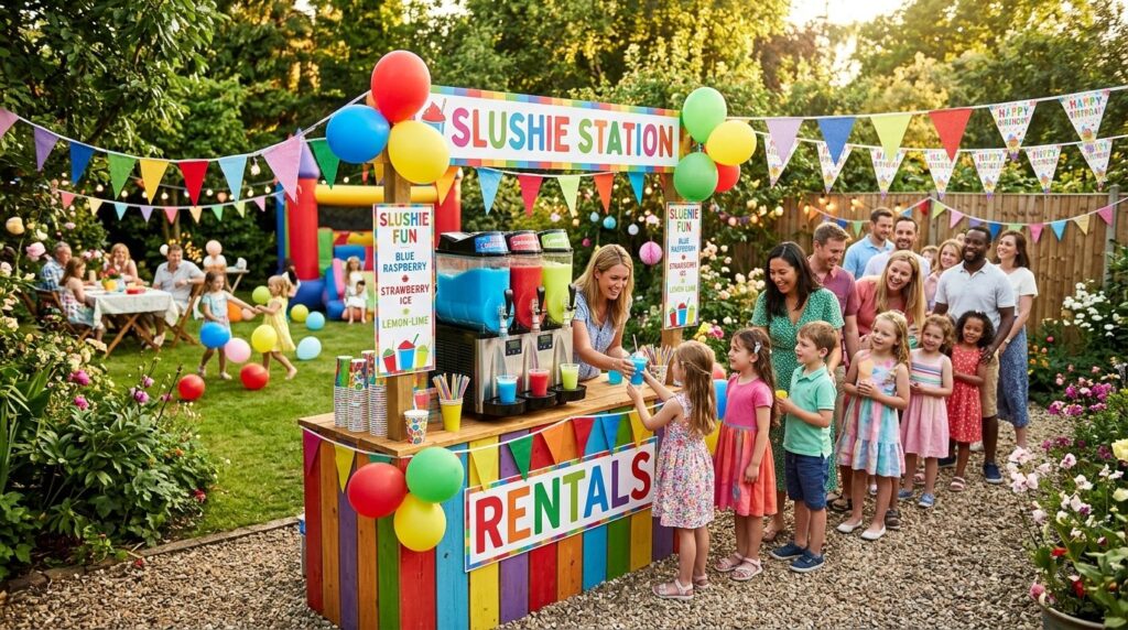 Wide angle photograph of a colorful slush ice machine rental