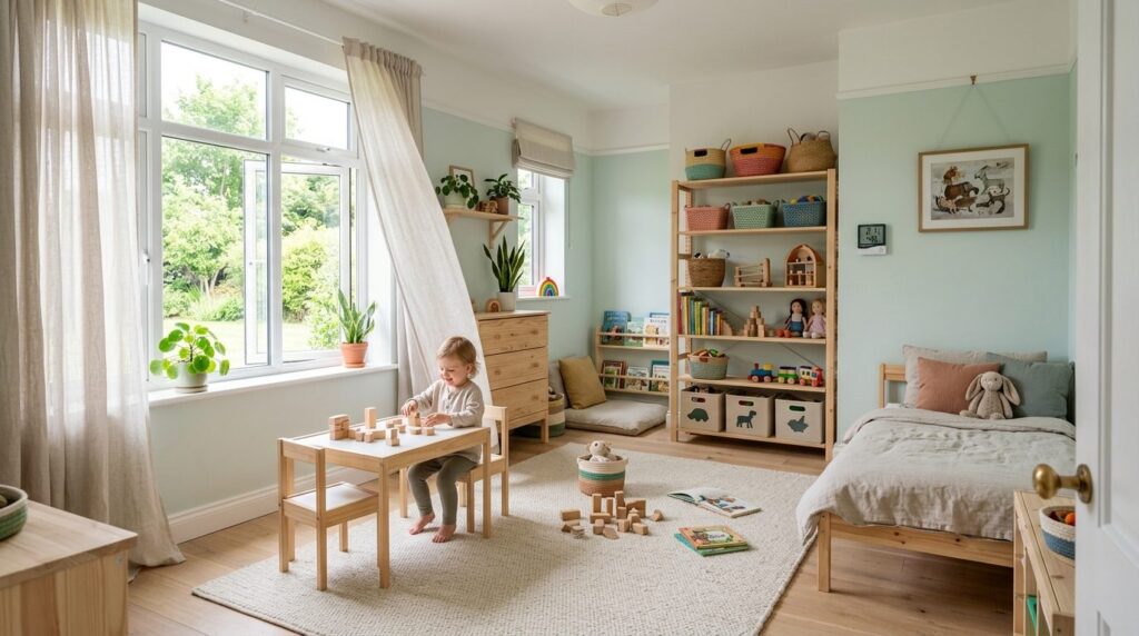 Wide angle shot of a bright, airy childrens bedroom with he