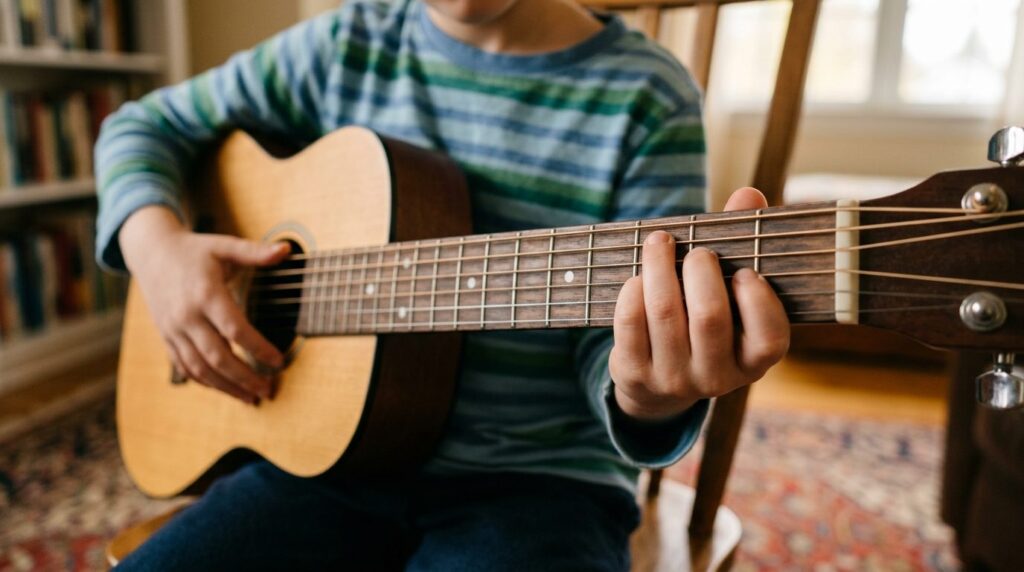 Barn med guitar sidder på gulvet og smiler mod kameraet.