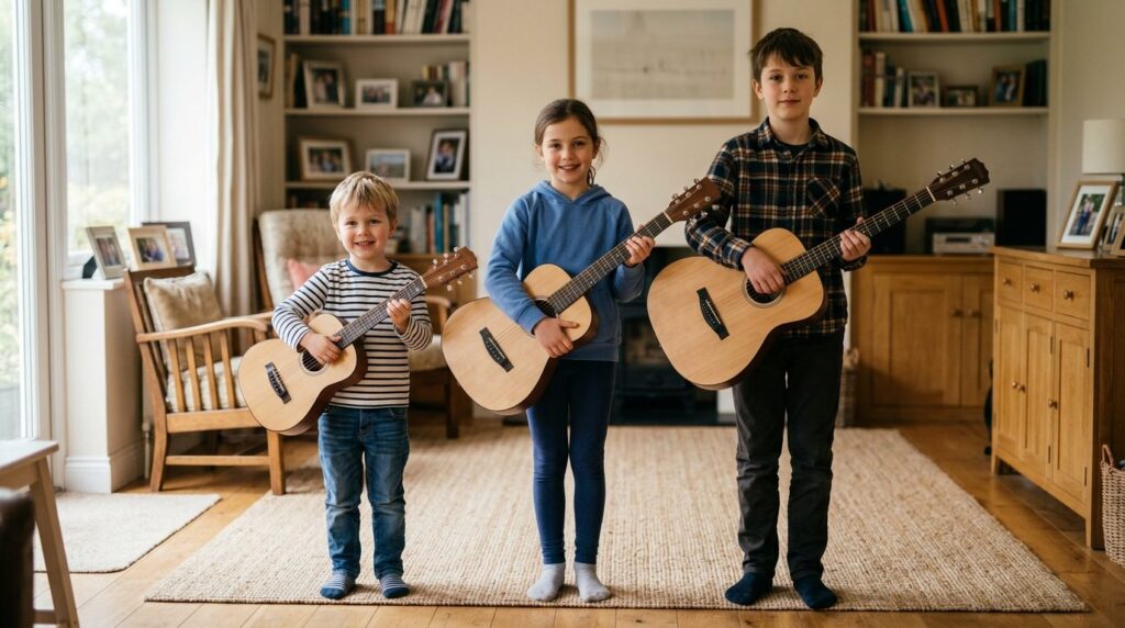 Ung dreng holder en akustisk guitar og øver sig hjemme.