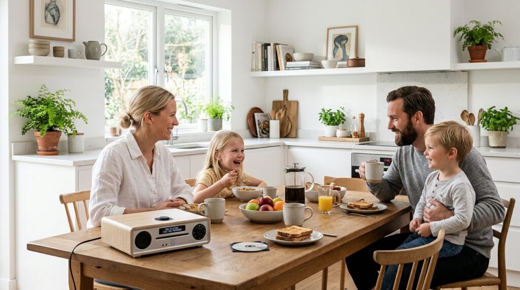 Bright Scandinavian-style family kitchen scene, elegant tabl