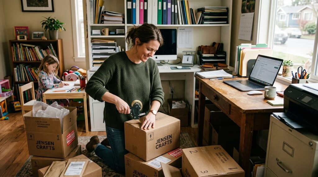 Single parent entrepreneur packing cardboard boxes in small