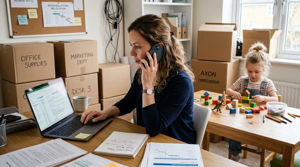 Working parent coordinating company relocation with laptop a