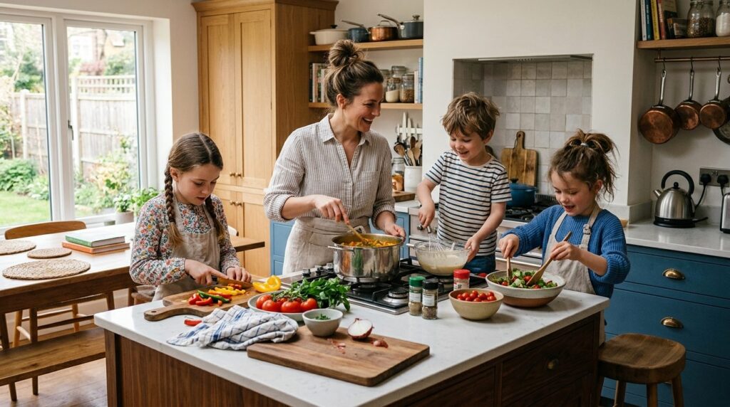 Candid photorealistic image of a busy family kitchen scene w