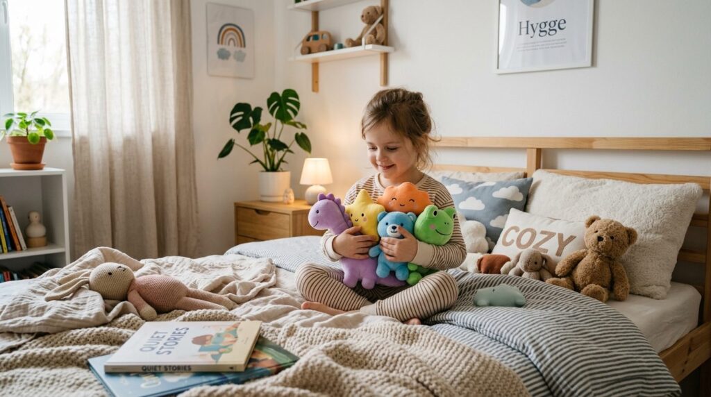 Calm bedroom scene of a child sitting peacefully on a bed ho
