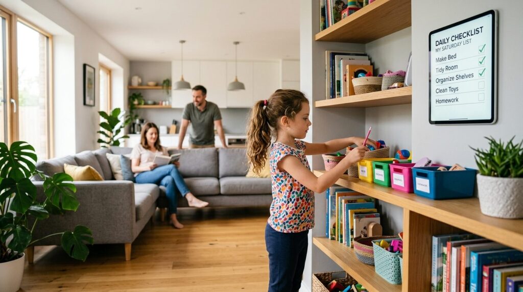 Candid family moment in bright modern living room, young gir