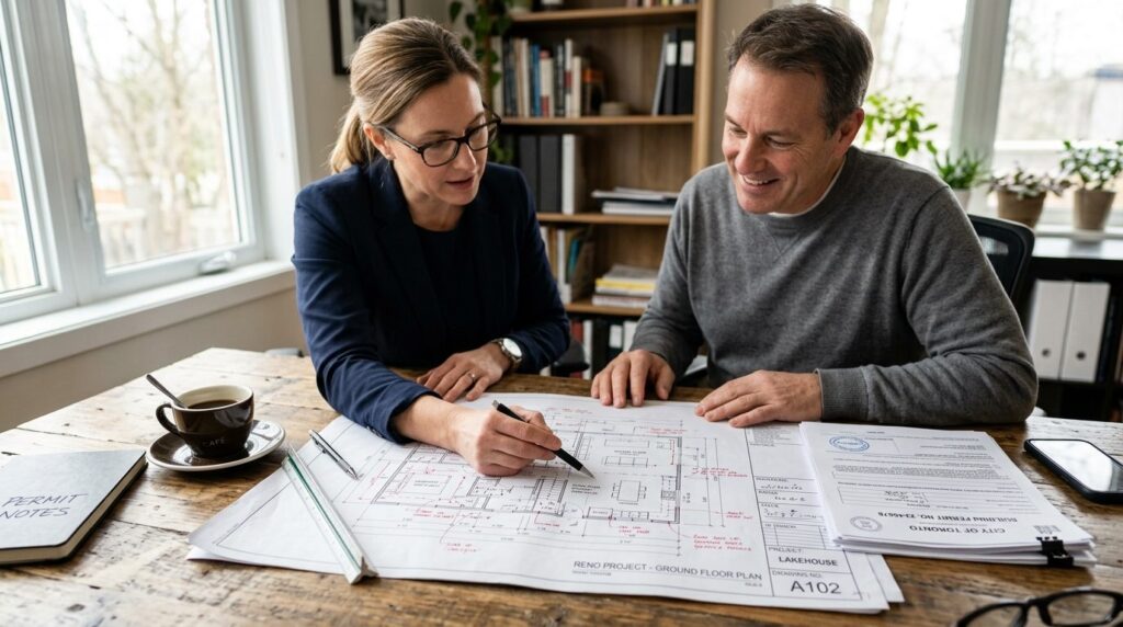 Close-up detail shot of architect and homeowner reviewing bu
