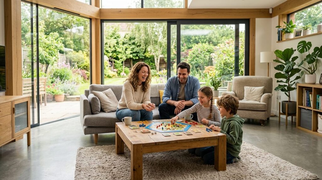 Warm family scene inside bright modern home extension, paren