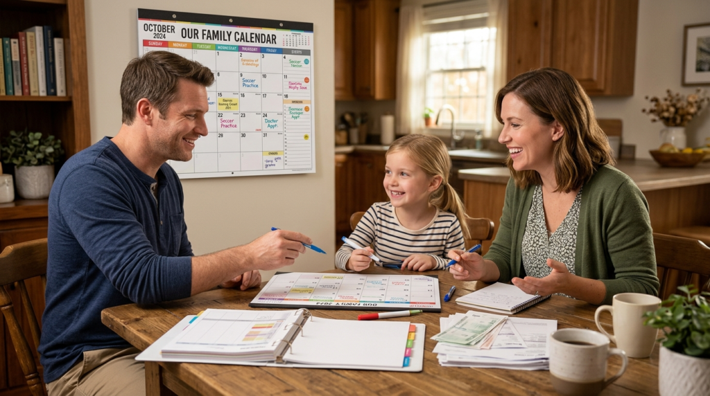 Photorealistic image of two parents and a child reviewing a 