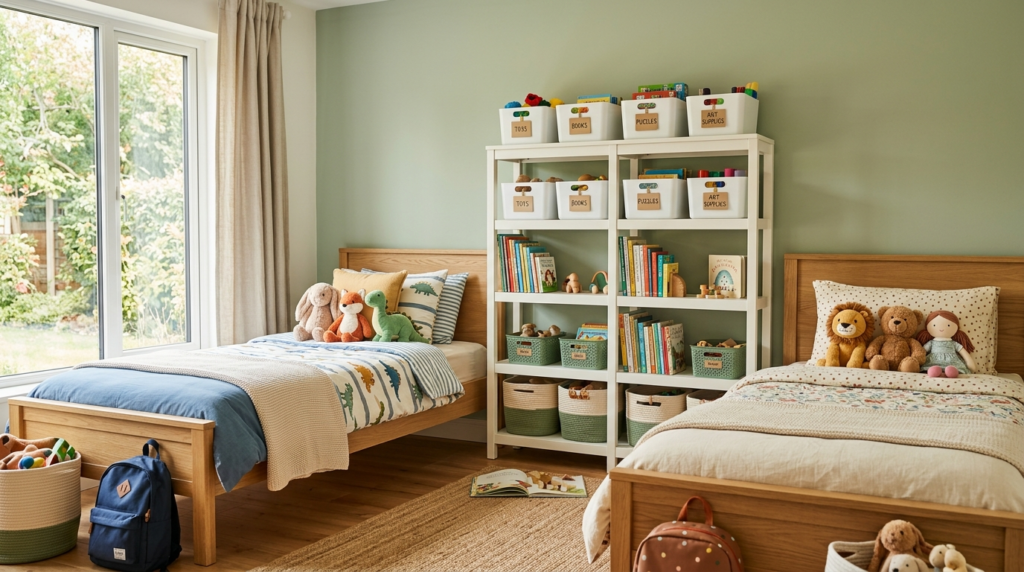 Professional stock photo of a childs bedroom organized with