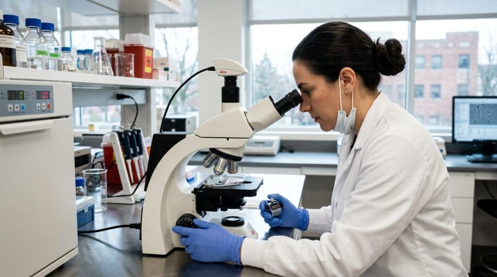 Laboratory technician examining semen sample under microscop