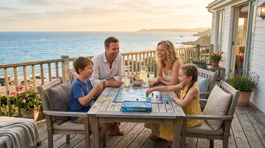 Photorealistic stock image, 16:9 format: Happy family of fou